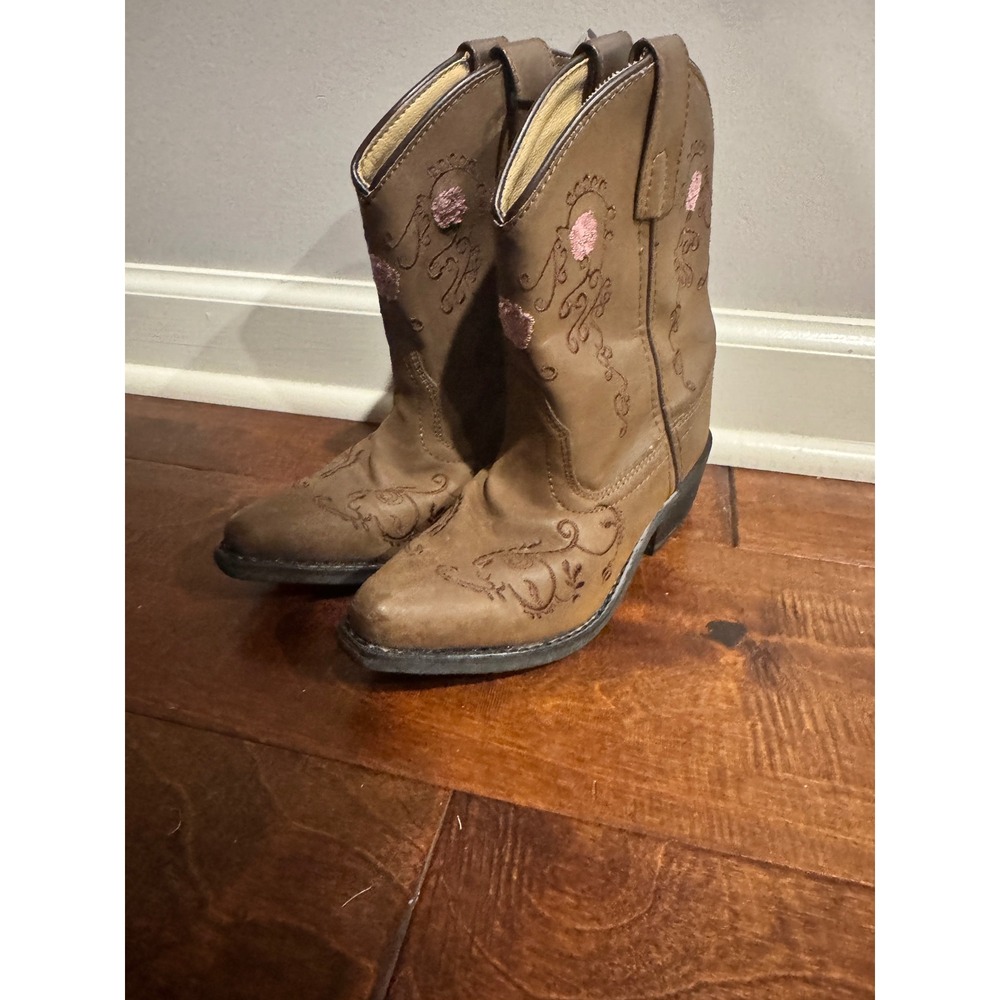 Shyanne Girls Brown Western Cowboy Boots Pink Floral Embroidery Size 12 D